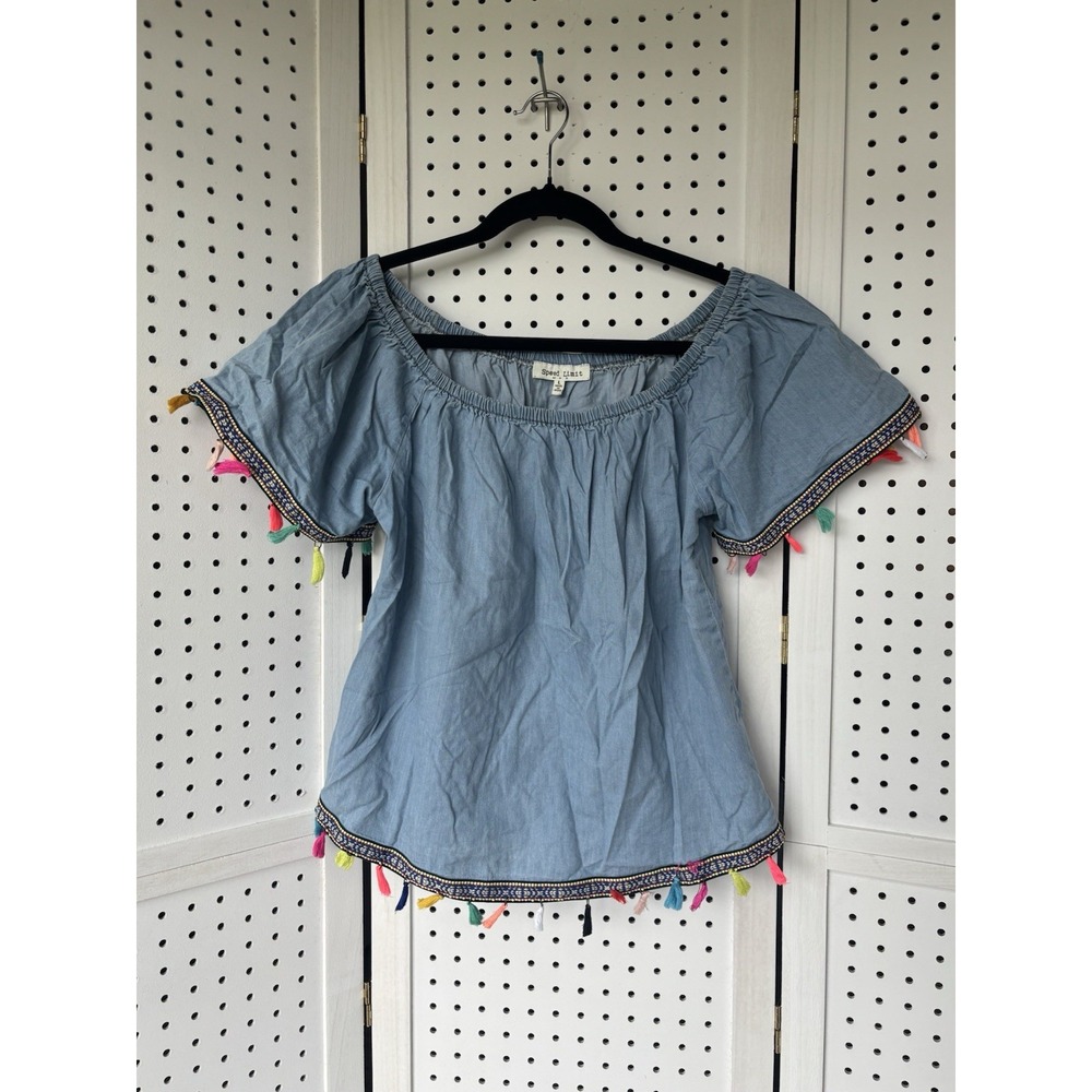 Speed Limit Boho Tasseled‎ Top Short Sleeve Blouse Chambray Blue Women's L